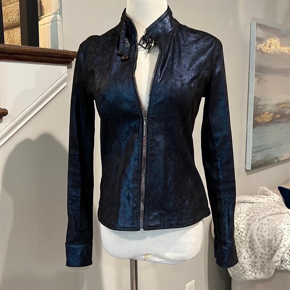 Ellie Tahari navy blue metallic shimmery lambskin moto racer jacket